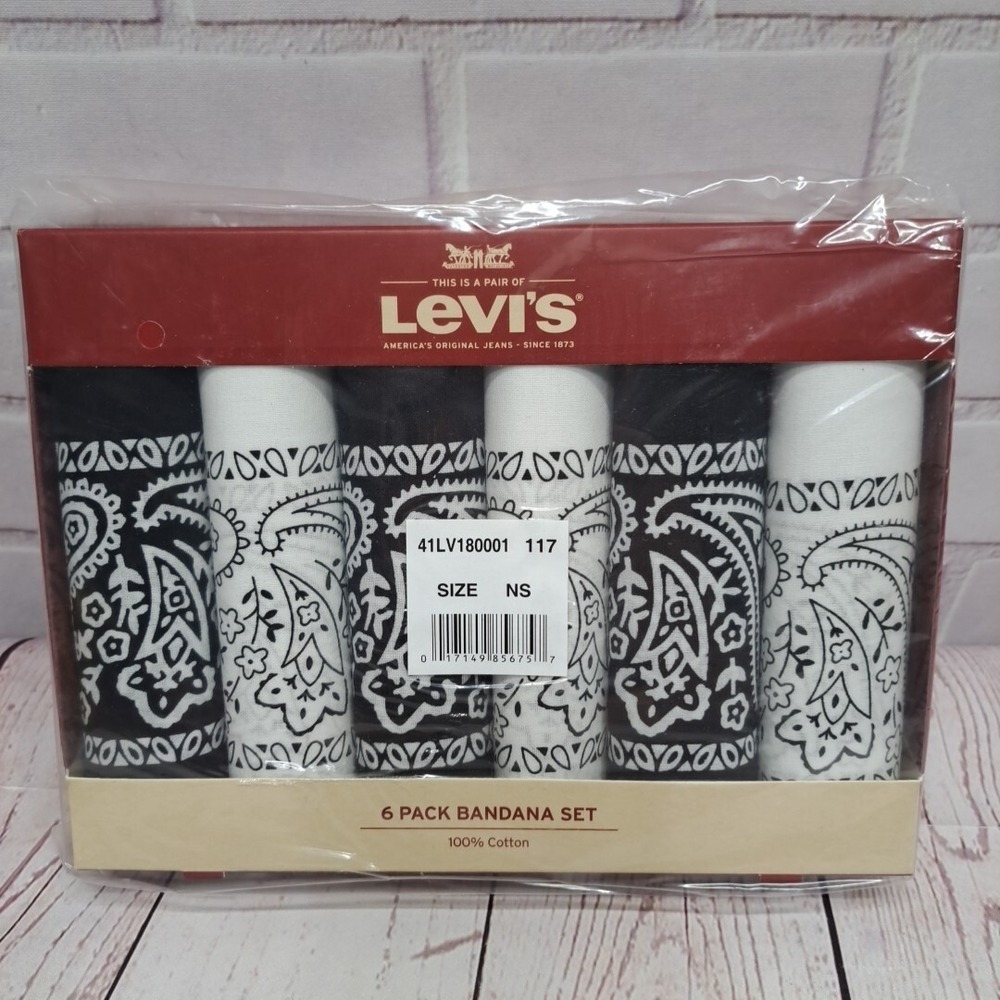 Levi's 6 Pack 100% Cotton Bandana Set   Black/White, New In Box
